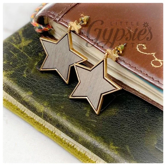 Wooden Stars in Gold Earrings - Picture 2 of 7